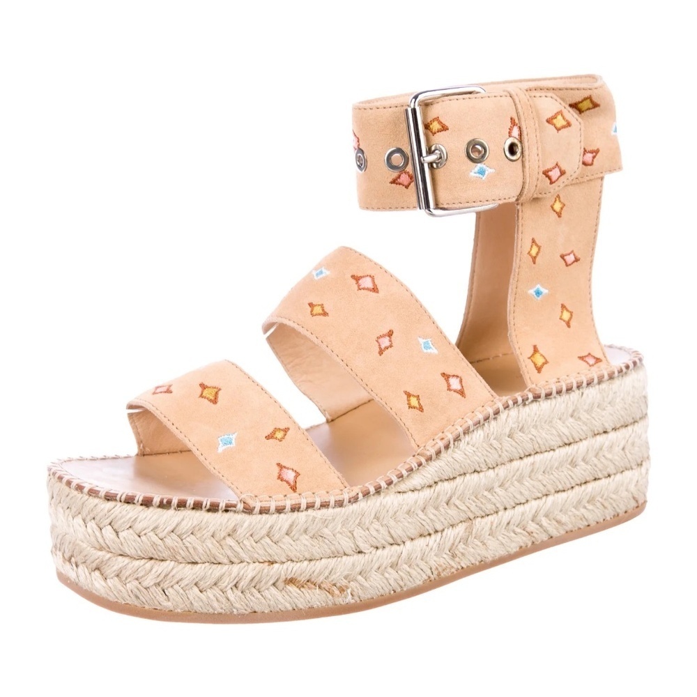 Rag & Bone Tan Suede/Leather "Tara Dune Embroidered" Espadrille Platform Sandal